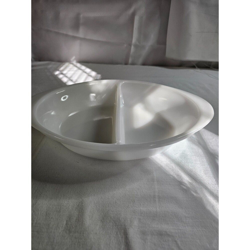Vintage GLASBAKE J-239 WHITE Divided Oval CASSEROLE DISH